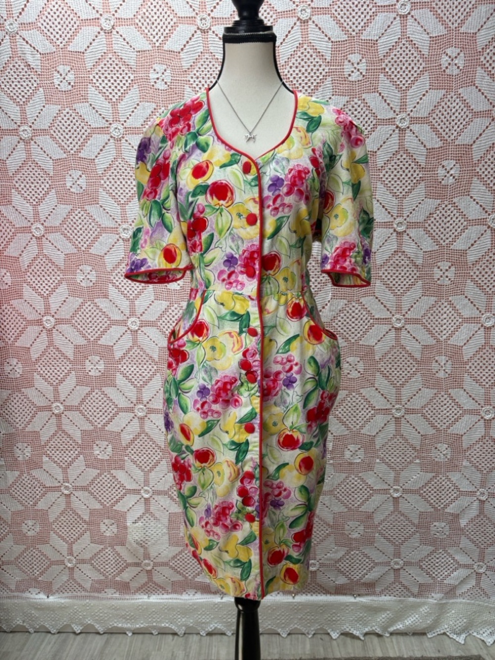 Vintage Fruit Print Dress Retro Button Front Size M